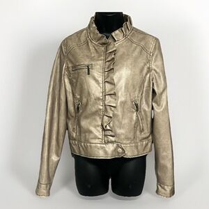Gold Ruffle Faux Leather Jacket Moto Style Dollhouse Metallic Chic